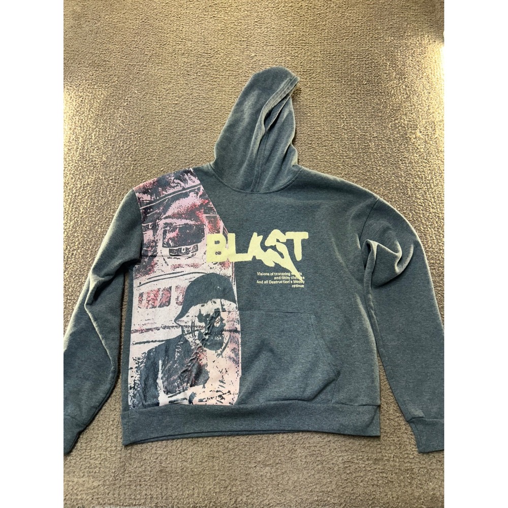 Blast Graphic Hoodie Mens Medium Charcoal Grey Streetwear Pullover Sweatshirt